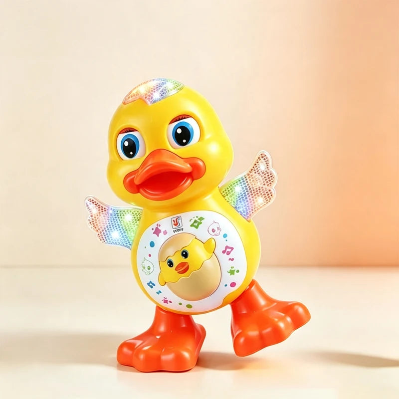 A yellow, animated duck robot toy with bright eyes and colorful wings standing on a light surface.