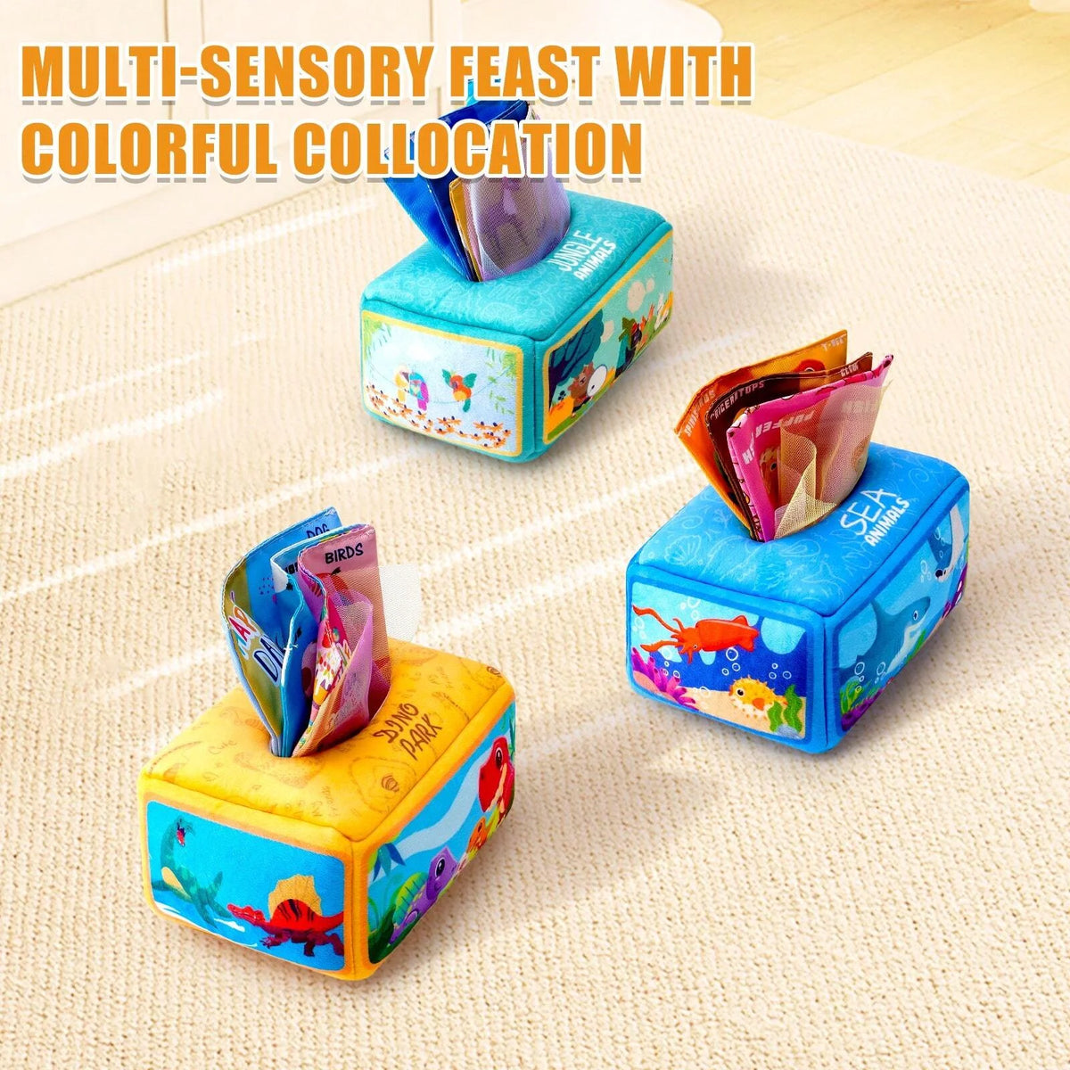 A multi-sensory feast with colorful collocations featuring soft tissue boxes for babies.