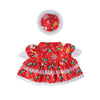 A red festive porch goose costume with white trim and green and yellow seasonal decor.