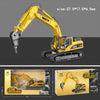 Yellow HULNA die-cast toy excavator construction vehicle with a hydraulic arm shown in a side view.