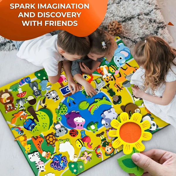 A felt story board set featuring farm animals and various colorful elements for children's discovery.