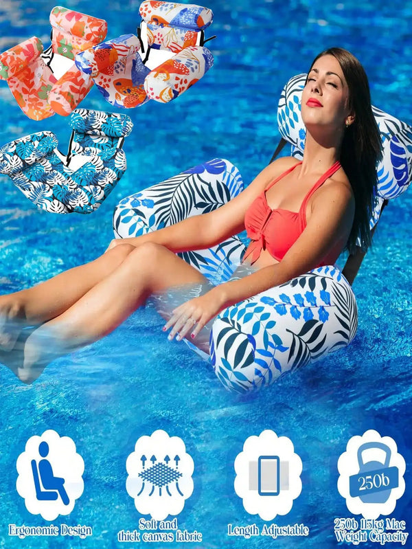 A woman relaxing in an inflatable water hammock lounger, demonstrating ergonomic design and adjustable length.
