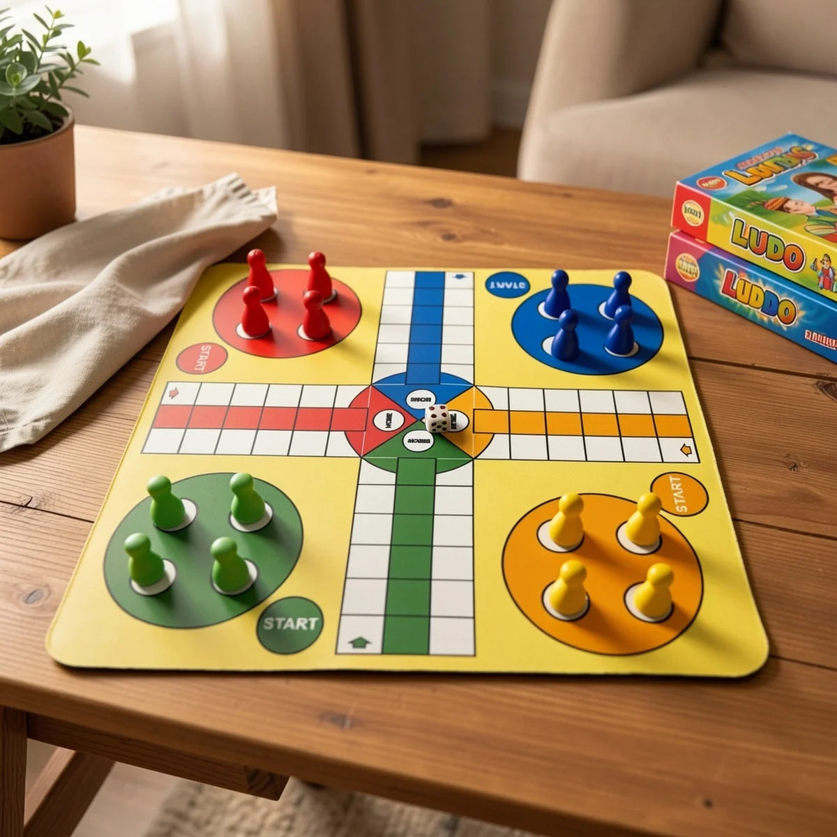 A yellow Ludo board game with colored pieces and a wooden travel mat on a table.