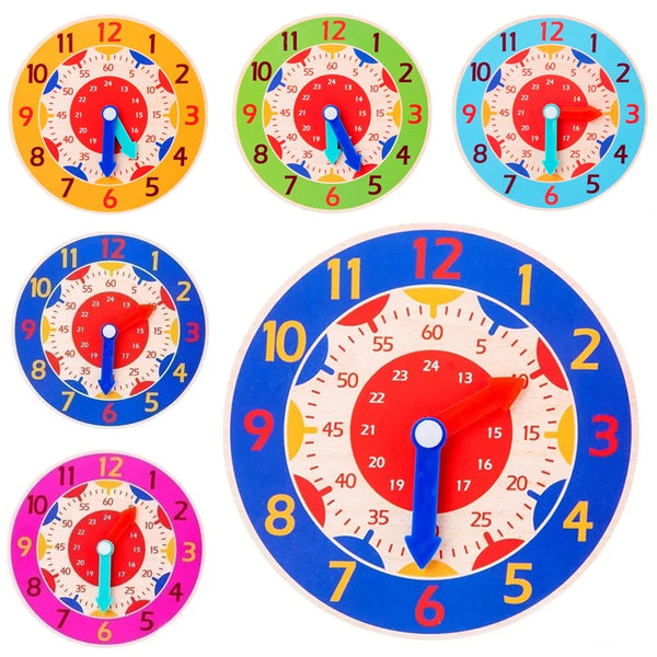 A set of wooden Montessori clock toys showing various time displays and mechanisms.