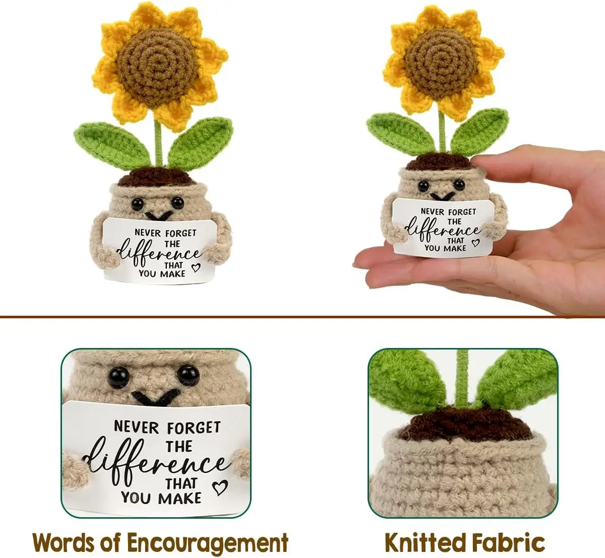 Handmade crochet sunflower pot doll with yellow petals and green leaves