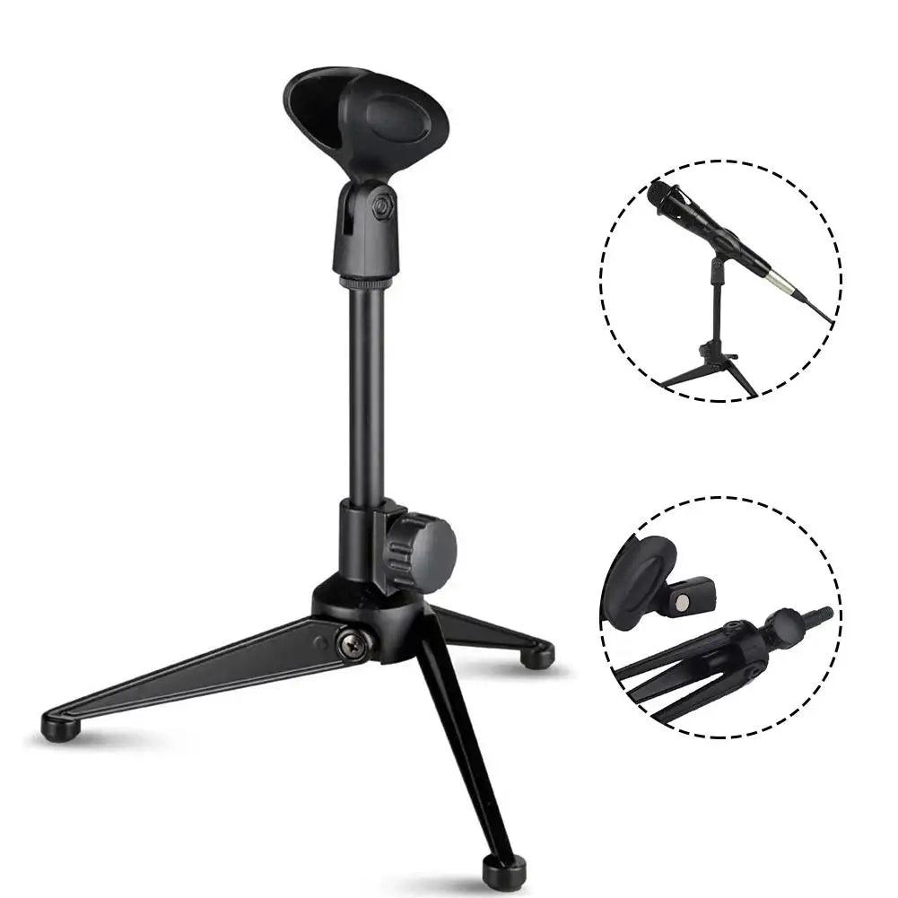 Black mini desktop tripod microphone stand with clip holder and accessories