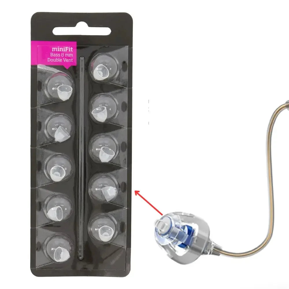 Replacement Bass Domes for Oticon MiniFit hearing aids, including a packaging insert and a silicone dome.