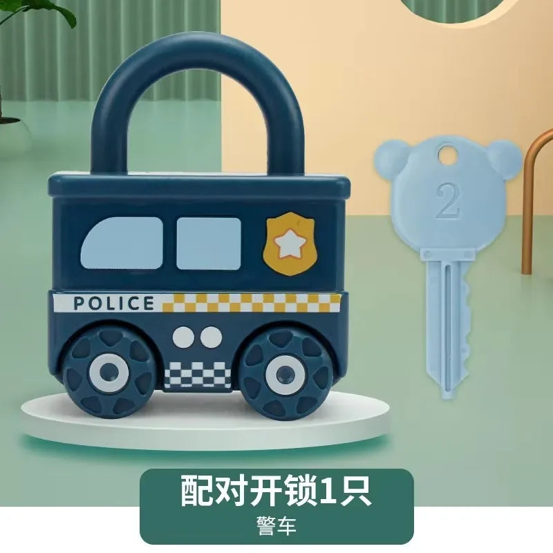 A blue toy police train with a key is shown next to a large light blue key, suitable for number matching and lock play.