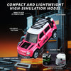 A pink high-simulation model car with a colorful pattern is shown, highlighting its alloy body and rubber tires.