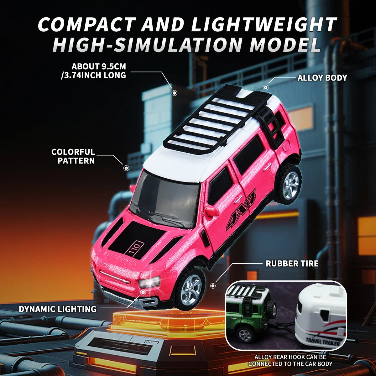 A pink high-simulation model car with a colorful pattern is shown, highlighting its alloy body and rubber tires.