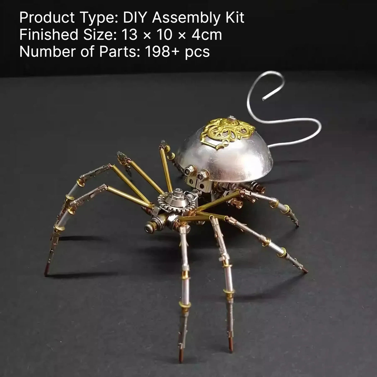 A finished steampunk metal spider model assembled from parts, featuring metallic limbs and a decorative dome.