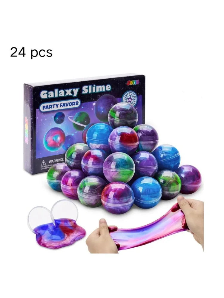 A set of 24 colorful Galaxy Slime balls in various shades are displayed next to the product box.