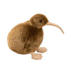 A brown kiwi bird plush toy with a long beak and soft feathers.