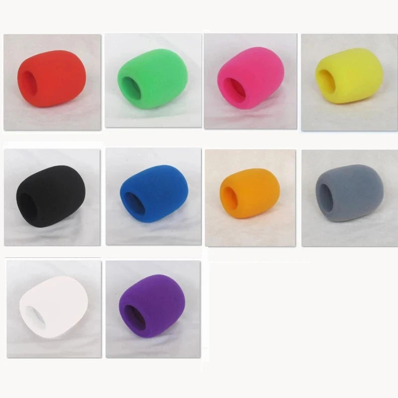 A collection of colorful foam windscreen pop filter covers in various colors and shapes.