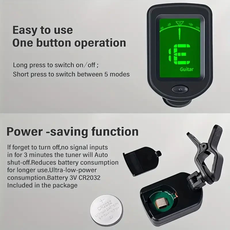 A black clip-on digital tuner with a green display and power-saving features is shown alongside its battery.