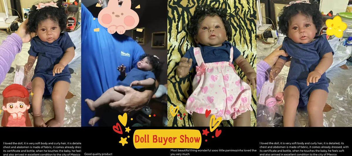 A photo of a reborn baby doll with hand-rooted curly hair wearing a blue outfit.