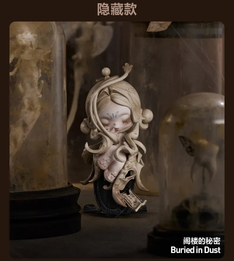 A pale, sculpted figure with flowing hair is displayed in a glass jar against a dark background.