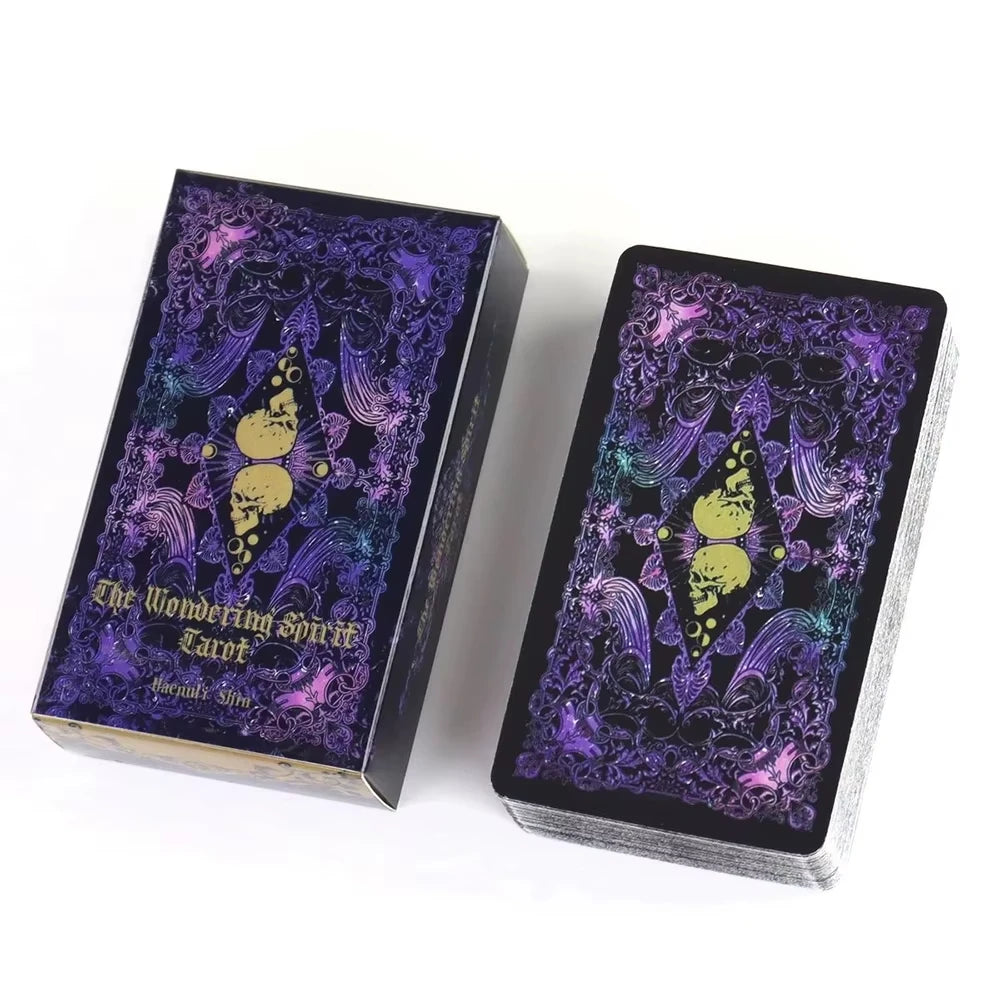 A box of The Wandering Spirit Tarot deck featuring purple and black designs.