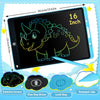 A digital LCD writing tablet showing a green dinosaur drawing on a black screen with various key functions visible.