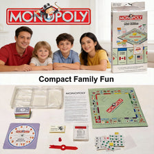 A Monopoly board game box and components displayed on a table, featuring the classic board and playing pieces.