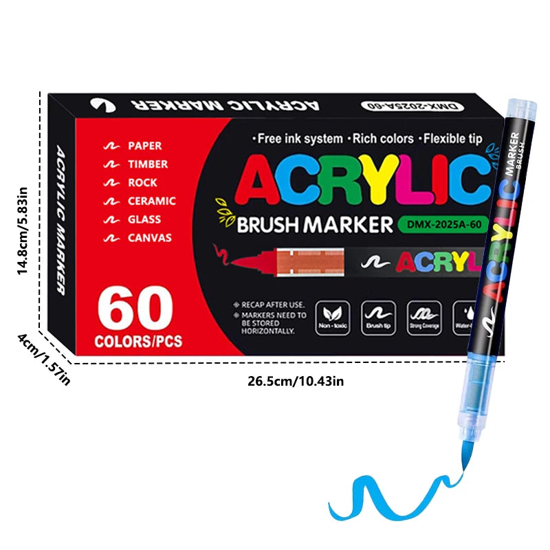 Ein Set von 60 Acryl-Brush-Marker-Stiften in verschiedenen Farben, verpackt in einer schwarzen Box.