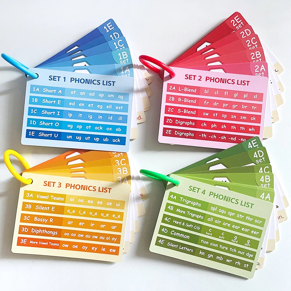 A collection of four sets of phonics learning cards for children showing various letter sounds and blends