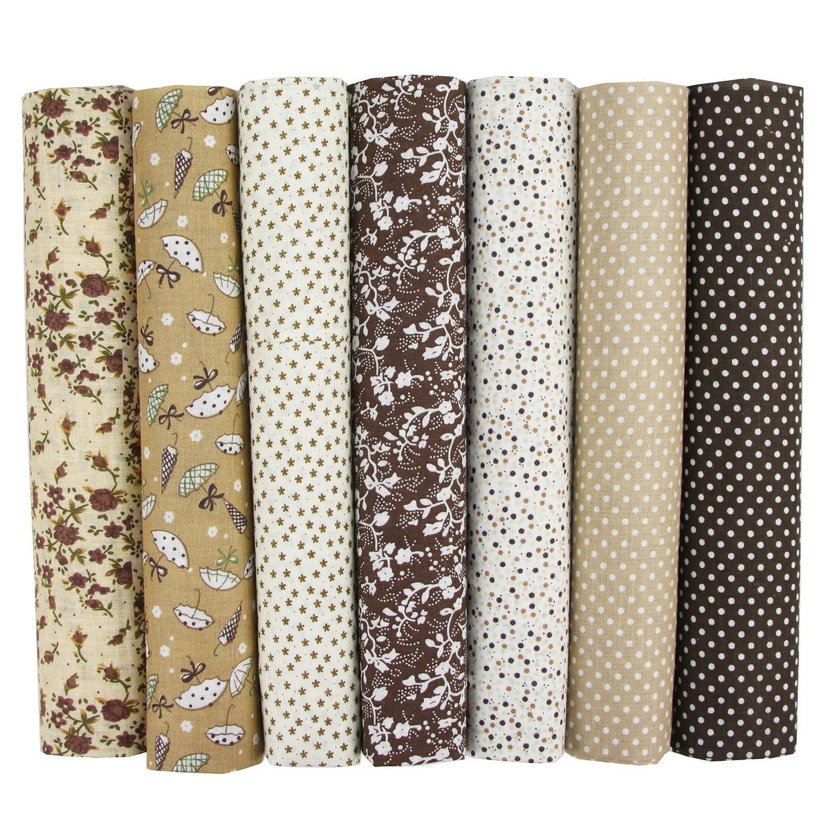 A pack of seven vertically striped cotton fabric squares in various earthy tones for quilting and patchwork projects.