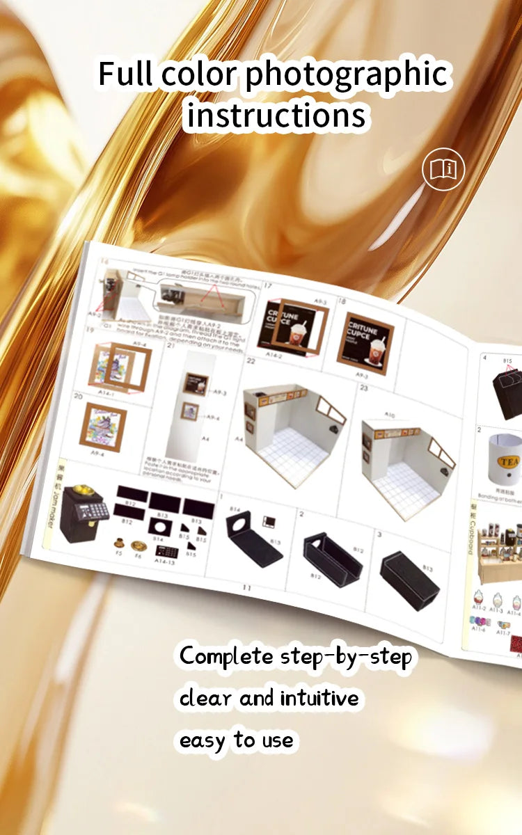 Instruction sheet for a coffee shop miniature house DIY wooden dollhouse kit showing parts and assembly steps