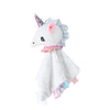 A white plush baby comforter security toy with a pink ribbon and purple accents.