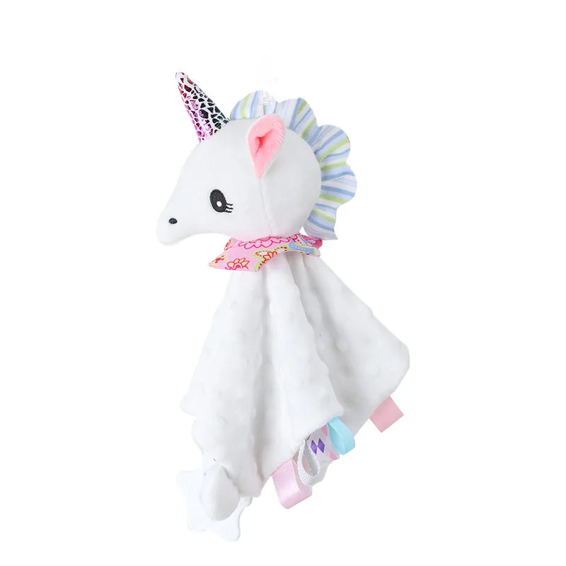 A white plush baby comforter security toy with a pink ribbon and purple accents.