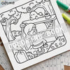 Line art coloring page featuring a spooky fun Halloween scene with a sleeping monster under a tree.