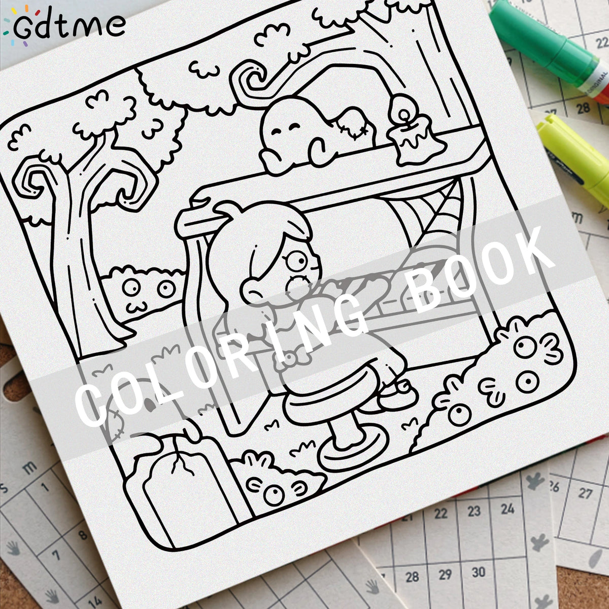 Line art coloring page featuring a spooky fun Halloween scene with a sleeping monster under a tree.