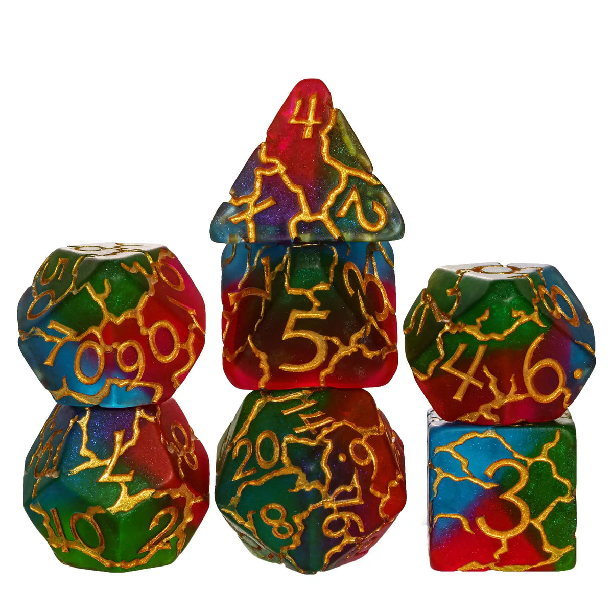 A set of seven frosted crack resin polyhedral dice in various colors including red, green, blue, and yellow.