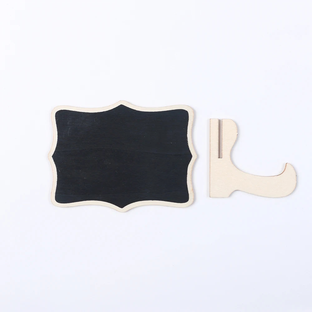 A black wooden chalkboard sign with a matching light wood easel for display.