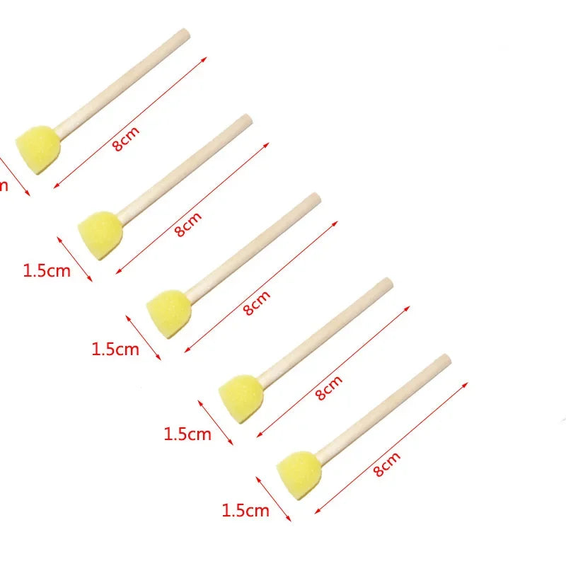 A set of round yellow sponge brushes with wooden handles and various sizes shown against a white background.
