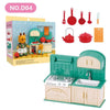 A miniature dollhouse furniture set featuring kitchen, bathroom, and laundry items with various tools and accessories.