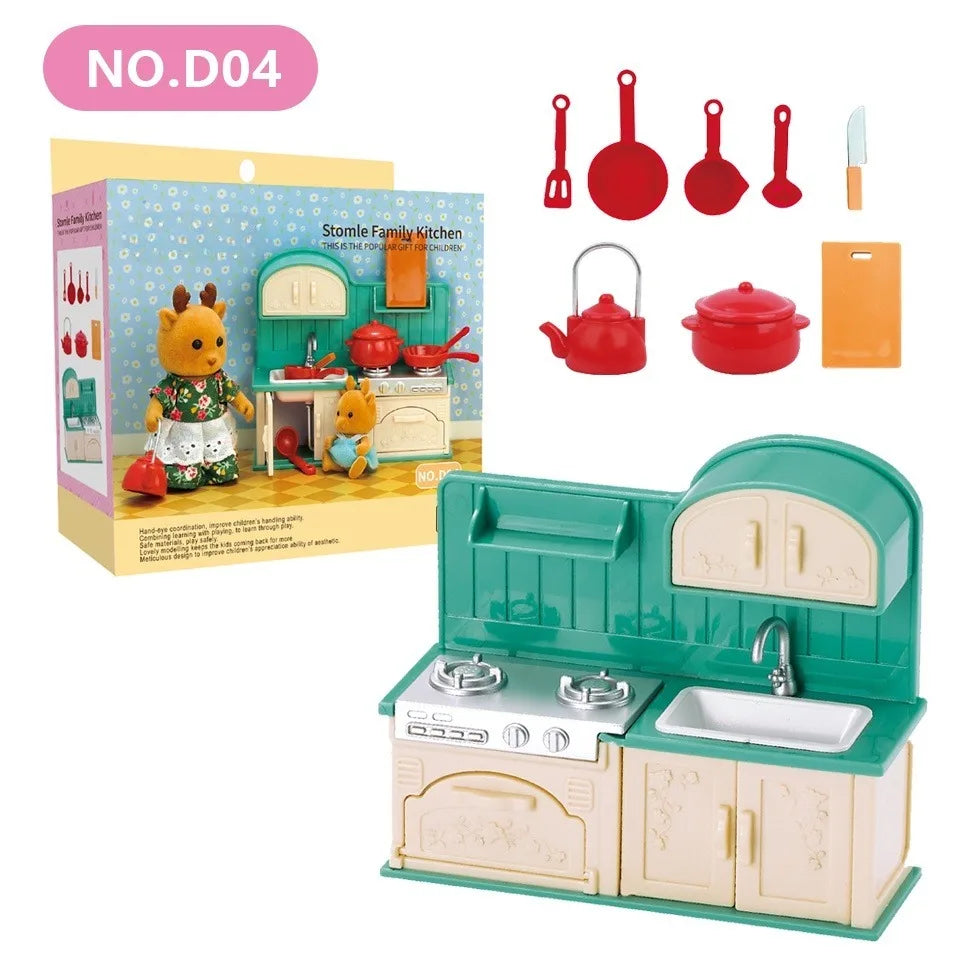 A miniature dollhouse furniture set featuring kitchen, bathroom, and laundry items with various tools and accessories.