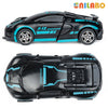 A black and blue F-12 transformable robot sports car toy shown from the side and top view.