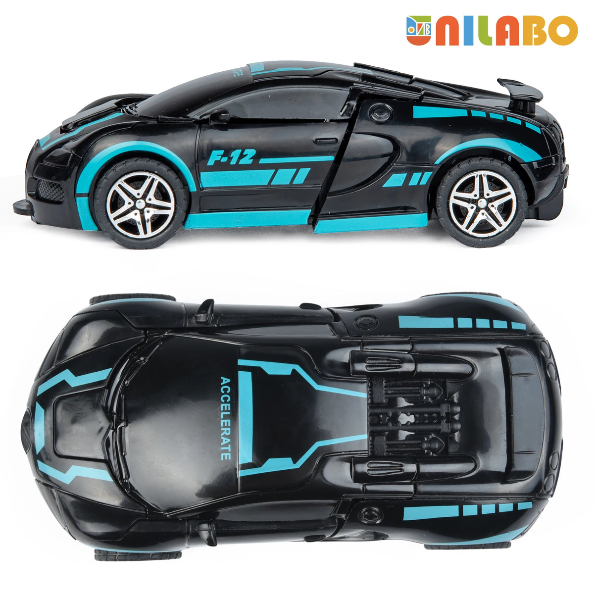 A black and blue F-12 transformable robot sports car toy shown from the side and top view.