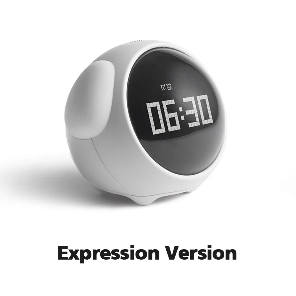 A white, spherical alarm clock with a digital display showing 06:30 and a curved light panel.