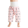Pink waterproof baby diaper pants with a skirt featuring dog illustrations for potty training