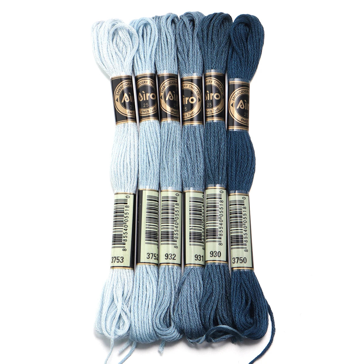 A set of six skeins of vibrant embroidery thread in various shades of blue and teal for cross stitch and DIY crafts