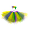 A vibrant rainbow tulle tutu skirt and matching feather headband set with yellow, green, and purple colors.