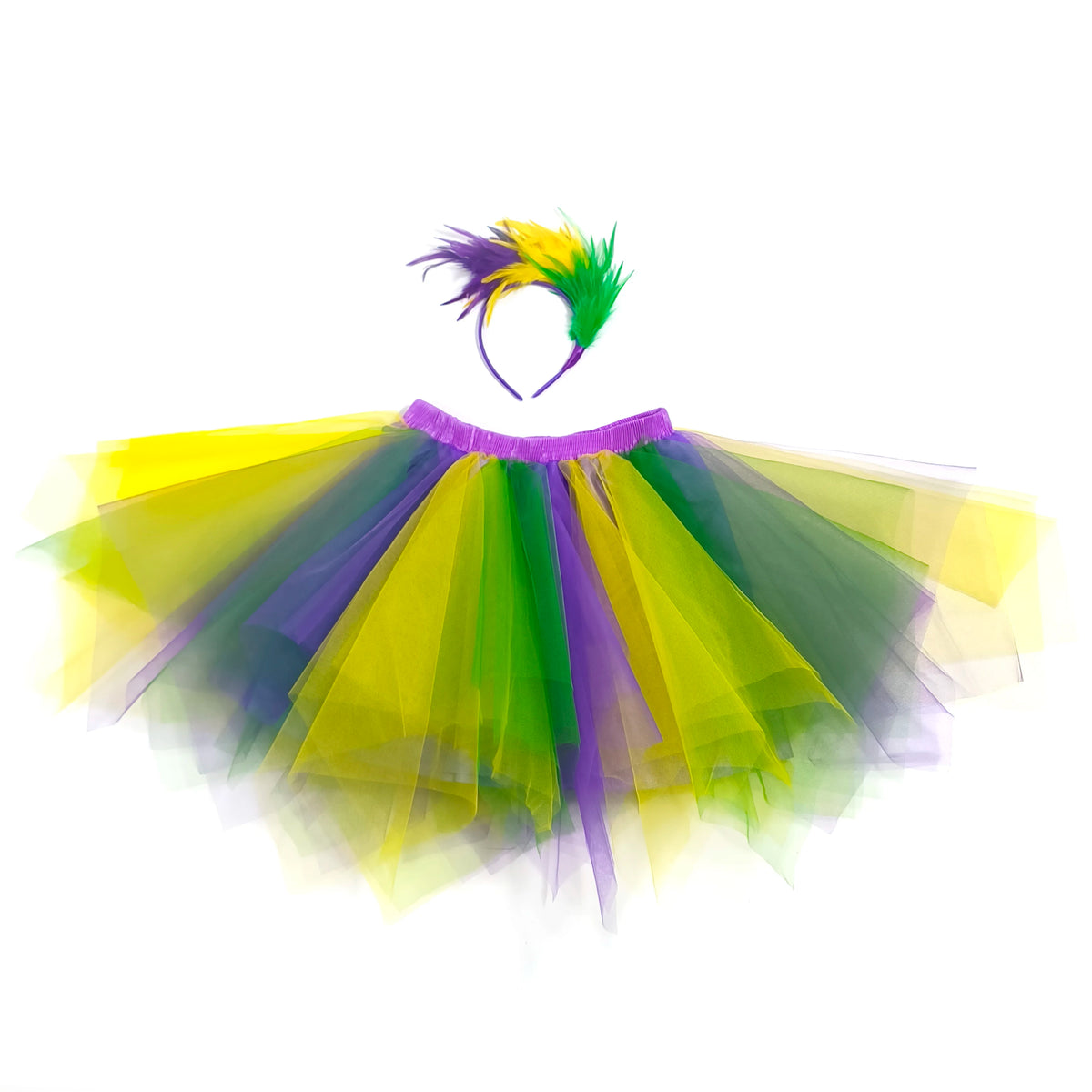 A vibrant rainbow tulle tutu skirt and matching feather headband set with yellow, green, and purple colors.