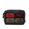 A dark camouflage patch featuring the text HELL ADMIT ONE and POUND TOWN on a tactical item.