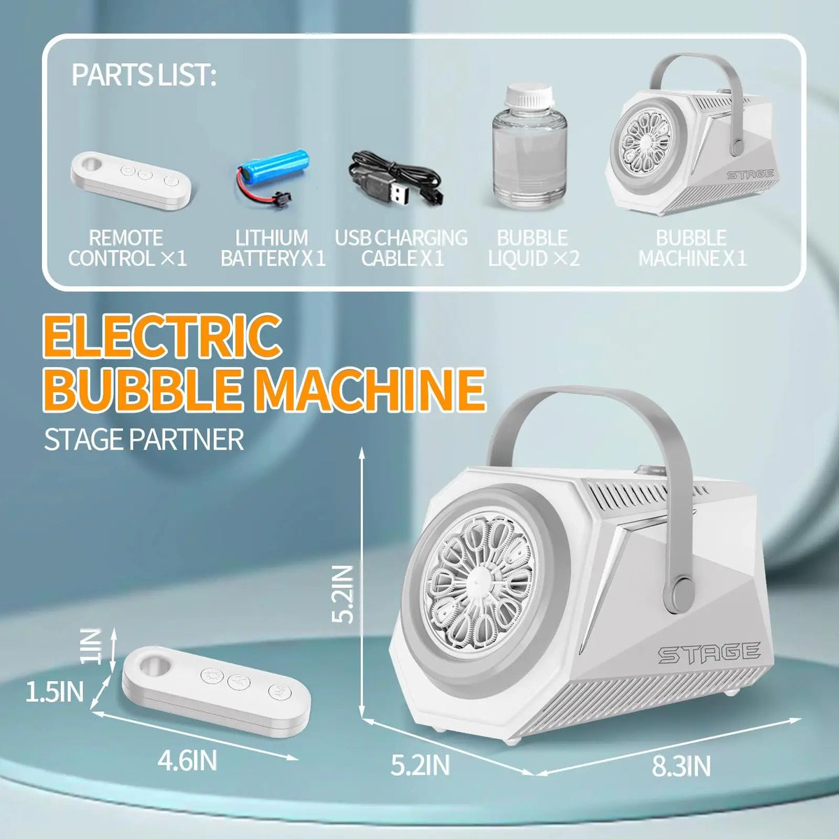 A white electric bubble machine with a clear dome and a remote control and battery parts listed nearby.