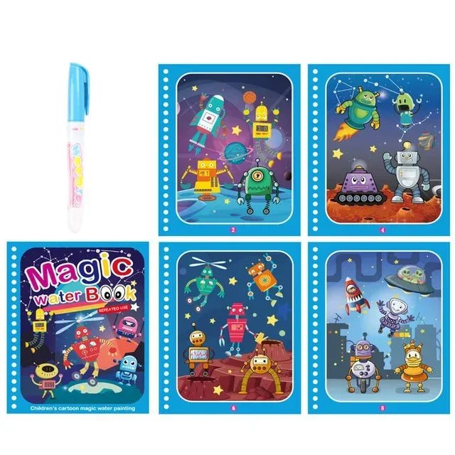 A set of six pages from a magic water coloring book featuring cartoon characters and scenes for toddlers.