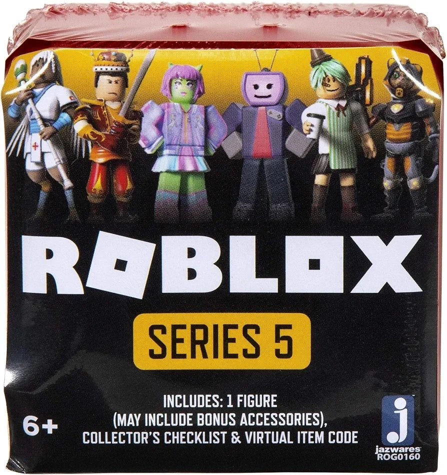 A packaging box for a Roblox Series 5 collectible figure featuring several stylized characters.