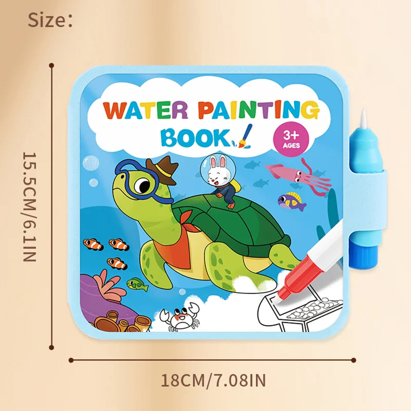 A blue water painting book for kids featuring a green dinosaur and various drawing tools.