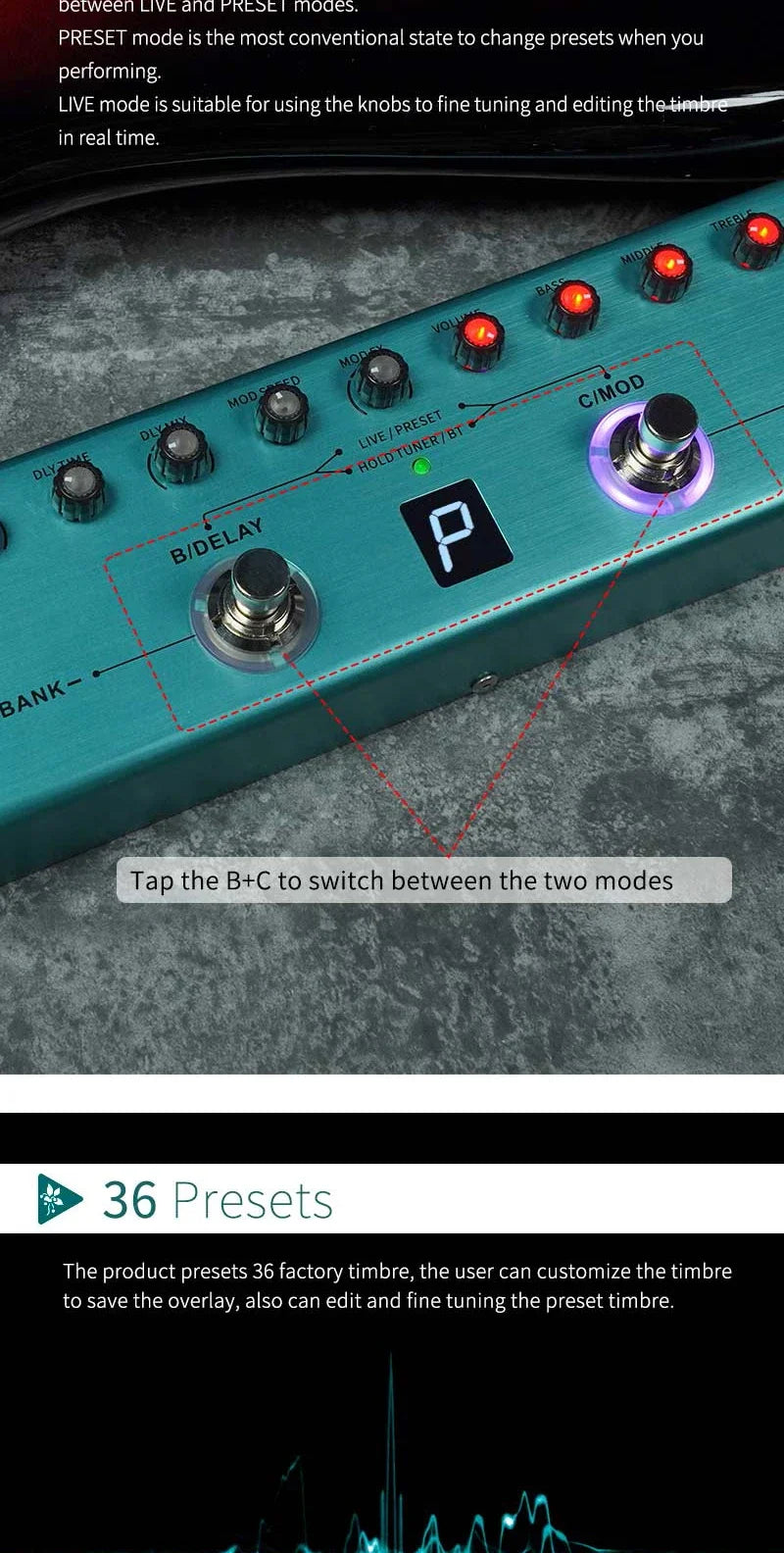 A close-up view of an M-Vave Tank-G guitar multi-effects pedal showing controls and a display with a 'P' symbol.